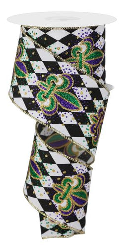 Fleur De Lis Wired Ribbon : Black White Gold Purple Green 2.5 Inches x 10 Yards (30 feet)