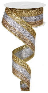 Glitter 3 in 1 Wired Ribbon, 1.5 Inches x 10 Yards (30 Feet) (18K Gold, Champagne, Silver)