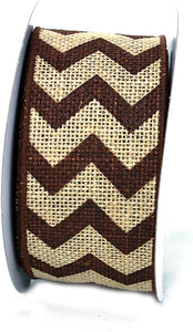 Brown Chevron on Wired Edge Jute Burlap Ribbon- 2.5" x 10 yds