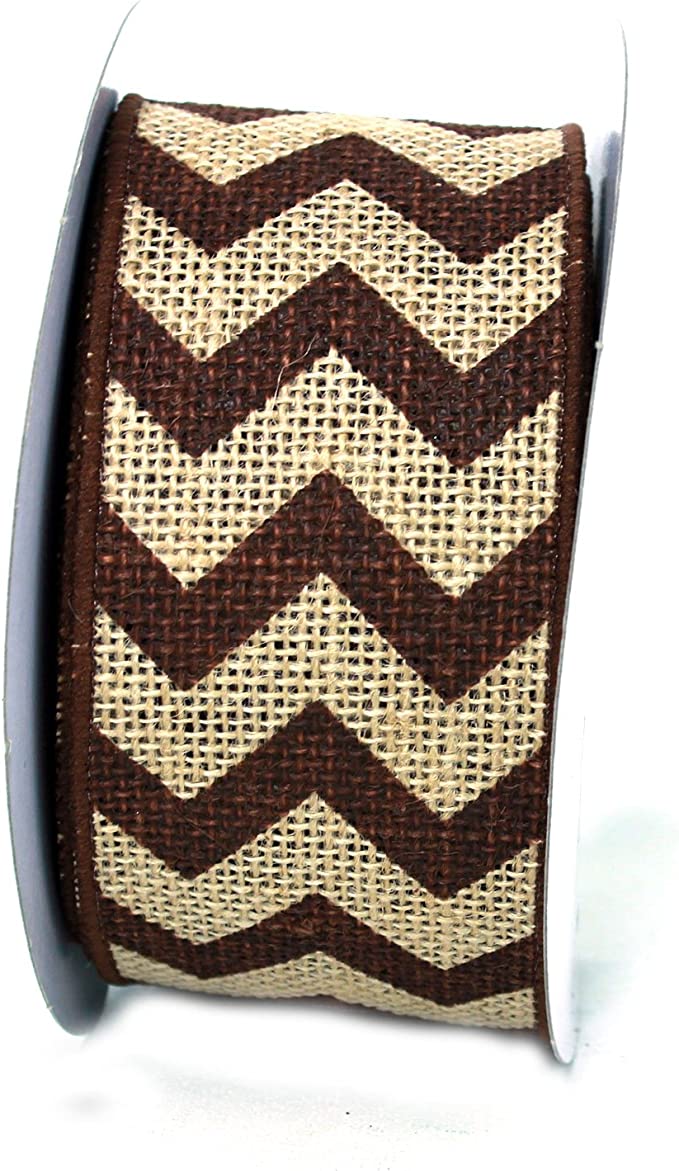 Brown Chevron on Wired Edge Jute Burlap Ribbon- 2.5