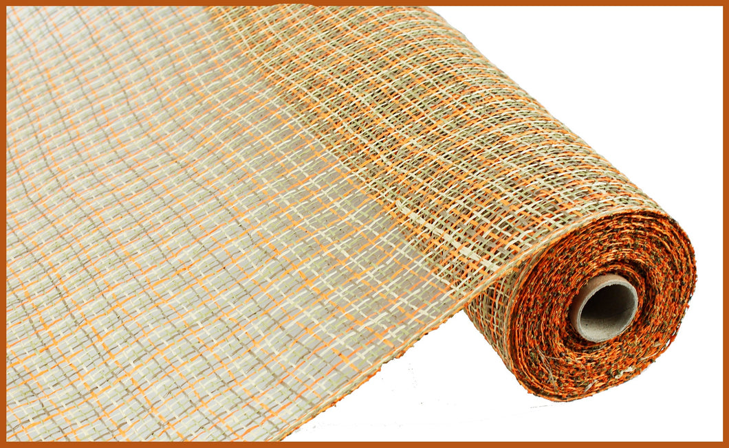 Poly Burlap Plaid Mesh Ribbon : Orange Beige Moss Green Brown  - 21 Inches x 10 Yards (30 Feet)