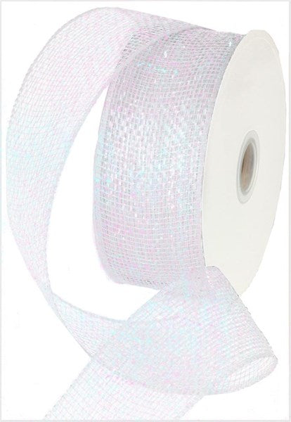 Deco Poly Mesh Ribbon : Metallic White - 2.5 Inches x 25 Yards (75 Feet)