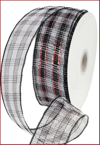 Deco Poly Mesh Ribbon : Metallic Black White Red Buffalo Check - 2.5 Inches x 25 Yards (75 Feet)