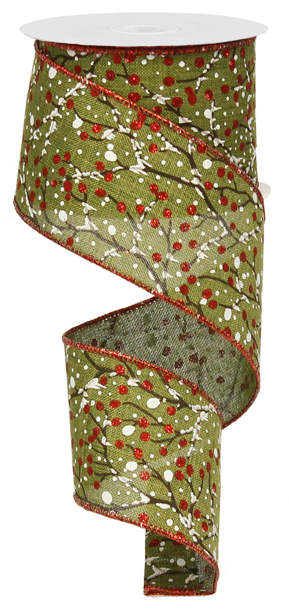 SMALL GLITTERED BERRY BRANCH Color: MOSS GREEN/RED/BEIGE/BRN - 2.5 Inches x 10 Yards (30 Feet)