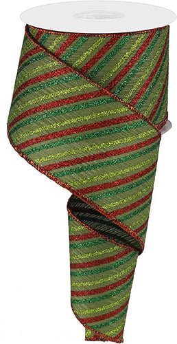 Christmas Glitter Diagonal Stripe Canvas Wired Ribbon - Red, Green, Emerald - 2.5 Inches x 10 Yards (30 Feet)