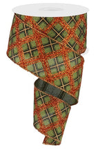 Load image into Gallery viewer, Wired plaid ribbon with green background and glittery orange accents, perfect for festive wreaths and holiday decorations.
