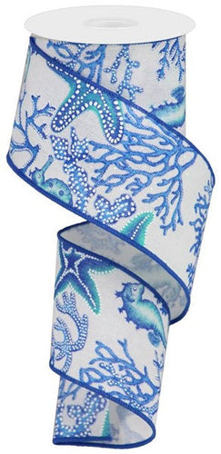 Seahorse Coral Starfish Wired Ribbon : White Blue Teal 2.5 inches x 10 yards (30 feet)