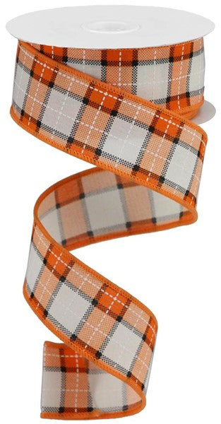 Printed Woven Check Plaid Burlap Canvas Wired Edge Ribbon - Orange, Cream, White - 1.5 Inches x 10 Yards (30 Feet)