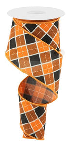 Diagonal Plaid Halloween Canvas Wired Edge Ribbon - Orange, Black, White - 2.5 Inches x 10 Yards (30 Feet)