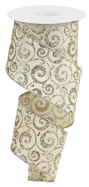 Glitter Swirl Christmas Wired Ribbon - Ivory Buff Champagne - 2.5 Inches x 10 Yards (30 Feet)