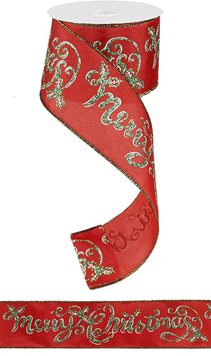 Merry Christmas Script Canvas Wired Edge Ribbon - Red, Green, White - 2.5 Inches x 10 Yards (30 Feet)