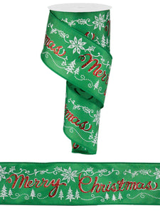 "MERRY CHRISTMAS"  W/HOLLY/TREE Color: GREEN/RED - 2.5 Inches x 10 Yards (30 Feet)