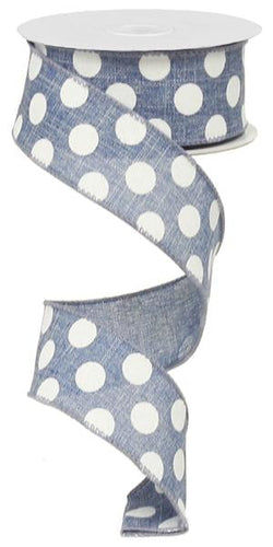 Polka Dot Wired Ribbon : Denim Blue, White  - 1.5 Inches x 10 Yards (30 Feet)