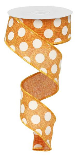 Polka Dot Wired Ribbon : Orange, White - 1.5 Inches x 10 Yards (30 Feet)