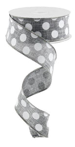 Polka Dot Wired Ribbon : Grey Gray, White - 1.5 Inches x 10 Yards (30 Feet)