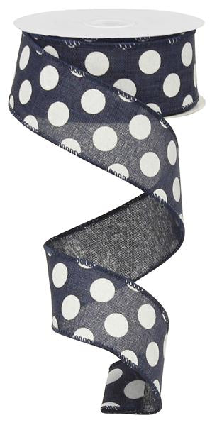 Polka Dot Wired Ribbon : Navy Blue, White - 1.5 Inches x 10 Yards (30 Feet)