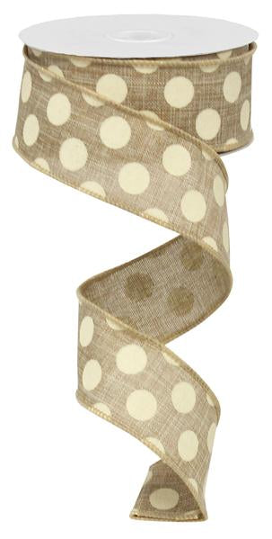 Polka Dot Wired Ribbon : Beige, Ivory - 1.5 Inches x 10 Yards (30 Feet)