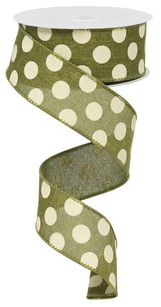 Polka Dot Wired Ribbon : Moss Green, Ivory - 1.5 Inches x 10 Yards (30 Feet)