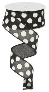 Polka Dot Wired Ribbon : Black White - 1.5 Inches x 10 Yards (30 Feet)