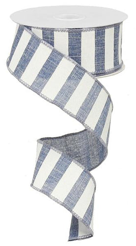 Horizontal Stripe Wired Ribbon : Denim Blue White - 1.5 Inches x 10 Yards (30 Feet)