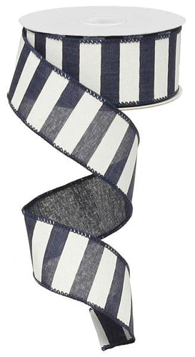 Horizontal Stripe Wired Ribbon : Navy Blue White - 1.5 Inches x 10 Yards (30 Feet)