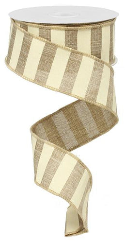 Horizontal Stripe Wired Ribbon : Beige Tan Ivory - 1.5 Inches x 10 Yards (30 Feet)