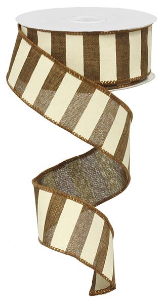 Horizontal Stripe Wired Ribbon : Brown White - 1.5 Inches x 10 Yards (30 Feet)