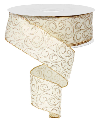 Ivory Gold Glitter Fancy Swirl Wired Ribbon - 50 Yards (2.5 Inches)