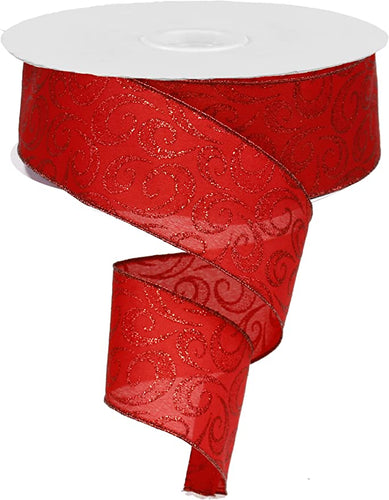 Glitter Swirl Wired Ribbon - Red - 2.5 Inches x 50 Yards