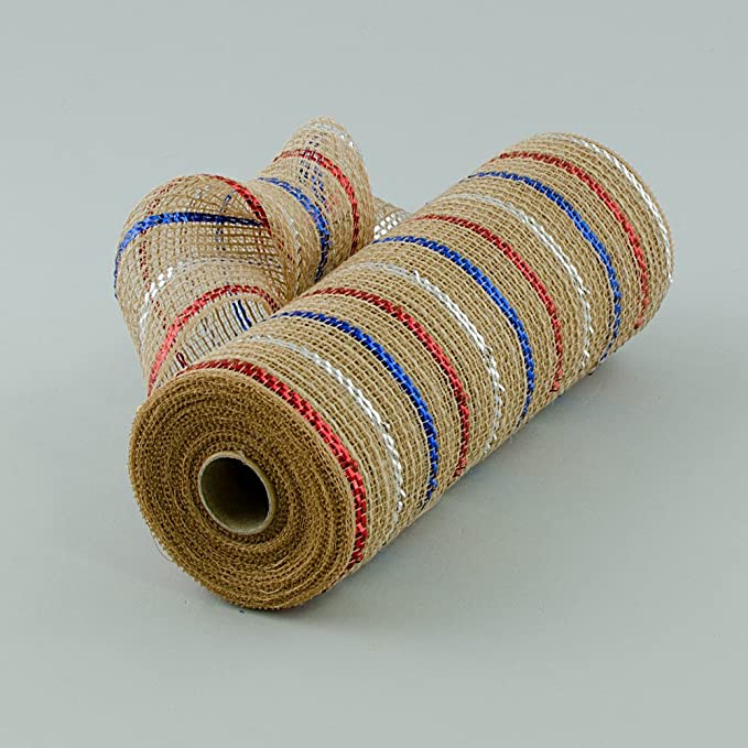 10.5 Inches Wide Poly Jute Deco Mesh Ribbon - Natural with Red, Silver, Blue Metallic Foil Stripes - 10 Yards (30 Feet)