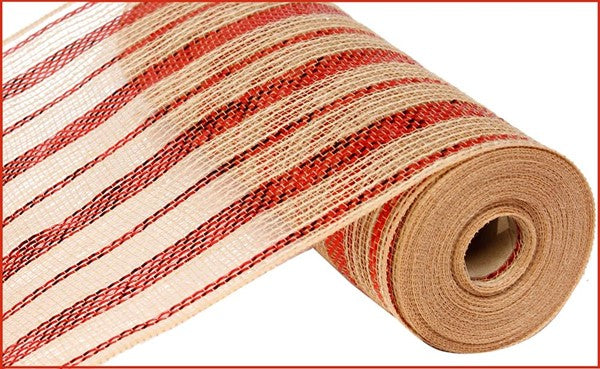 Poly Jute Metallic Mesh Ribbon - Natural, Red - 10.25 Inches x 10 Yards (30 Feet)