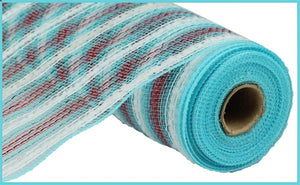 Snowdrift Metallic Stripe Deco Poly Mesh Ribbon : Ice Blue, White, Red - 10.5 Inches x 10 Yards (30 Feet)