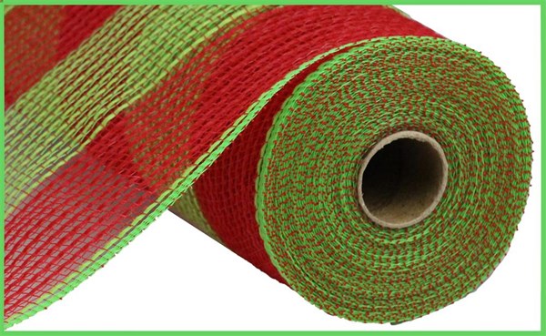 Poly Faux Jute Wide Stripe Mesh Ribbon : Fresh Green, Red - 10.25 Inches x 10 Yards (30 Feet)