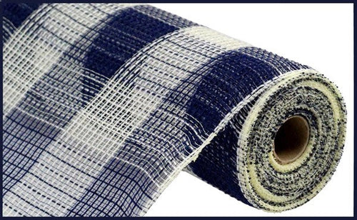 Faux Jute & Large Check Deco Mesh Ribbon : Navy Blue, Cream - 10.25 Inches x 10 Yards (30 Feet)