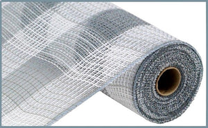 Faux Jute & Large Check Deco Mesh Ribbon : Grey Gray, White - 10.25 Inches x 10 Yards (30 Feet)