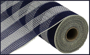 Faux Jute & Small Stripe Deco Mesh Ribbon : Navy Blue, Cream - 10.25 Inches x 10 Yards (30 Feet)