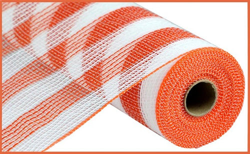 Faux Jute & Small Stripe Deco Mesh Ribbon : Orange, White - 10.25 Inches x 10 Yards (30 Feet)