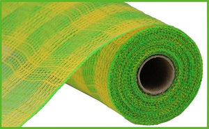 Small Check Faux Jute Deco Mesh Ribbon : Yellow, Fresh Green - 10.25 Inches x 10 Yards (30 Feet)