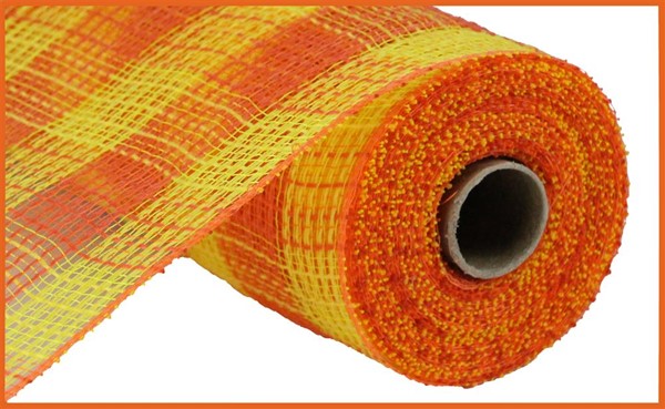 Small Check Faux Jute Deco Mesh Ribbon : Yellow, Orange - 10.25 Inches x 10 Yards (30 Feet)