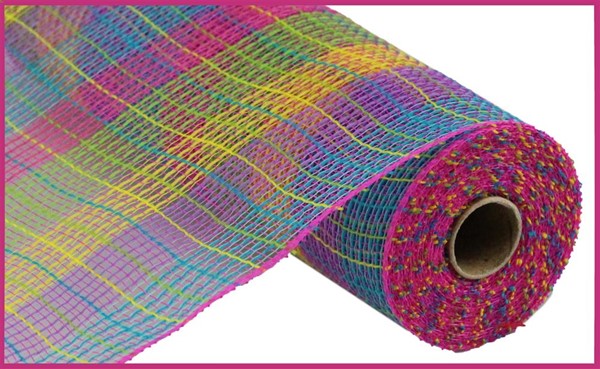 Faux Jute & Deco Mesh Ribbon Small Check : Bright Multi - 10.25 Inches x 10 Yards (30 Feet)