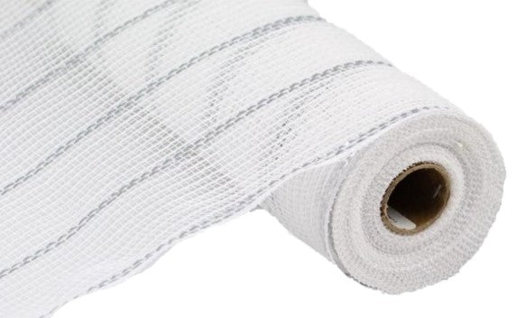 Poly Faux Jute Matte Metallic Mesh Ribbon : White, Matte Silver - 10.25 Inches x 10 Yards (30 Feet)