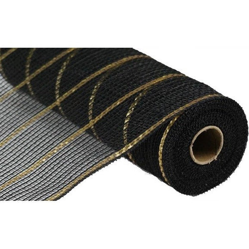 Poly Faux Jute Matte Metallic Mesh Ribbon : Black, Matte Gold - 10.25 Inches x 10 Yards (30 Feet)