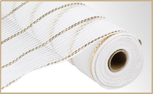 Poly Faux Jute Matte Metallic Mesh Ribbon : White, Matte Gold - 10.25 Inches x 10 Yards (30 Feet)