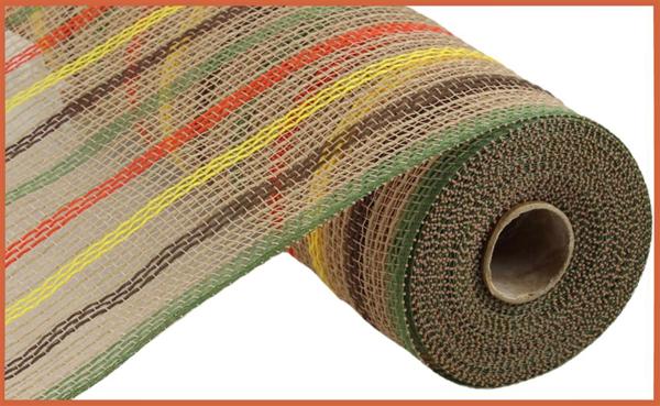 Faux Jute Stripe Mesh Ribbon : Brown, Orange, Yellow, Moss - 10.25 Inches x 10 Yards (30 Feet)