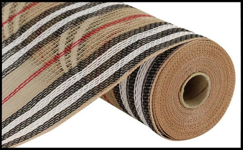 Jute Stripe Mesh Ribbon : Natural Beige, Black, White Red - 10.25 Inches x 10 Yards (30 Feet)