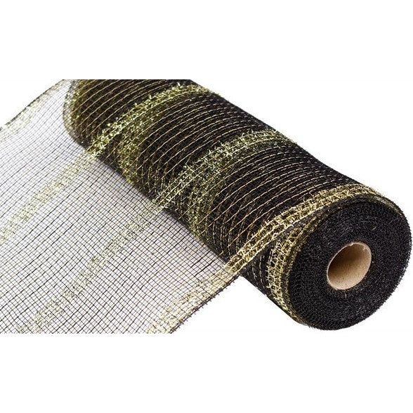 Deco Poly Mesh Ribbon Tinsel Mesh Ribbon : Black, Gold - 10 Inches x 10 Yards (30 Feet)