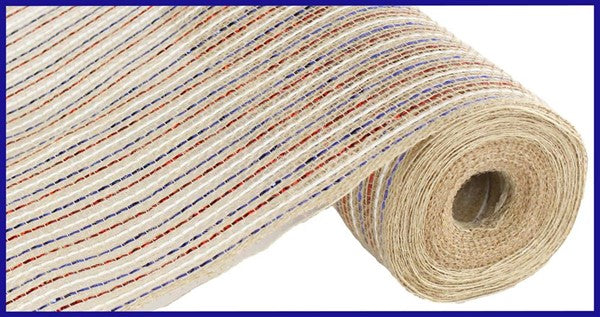 Poly Jute Burlap Foil Mesh Ribbon : Red White Blue - 10 Inches x 10 Yards (30 Feet)