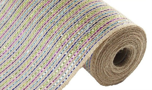 Multi Color Stripe Jute Laser Foil Burlap Mesh Ribbon : 10.5 Inches x 10 Yards (30 Feet)