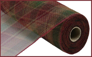 Plaid Deco Poly Mesh Ribbon : Burgundy Red, Brown, Moss - 10 Inches x 10 Yards (30 Feet)