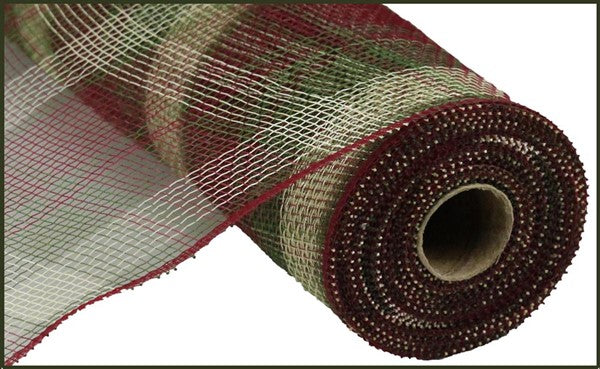 Plaid Deco Poly Mesh Ribbon : Burgundy Red, Moss, Ivory - 10 Inches x 10 Yards (30 Feet)